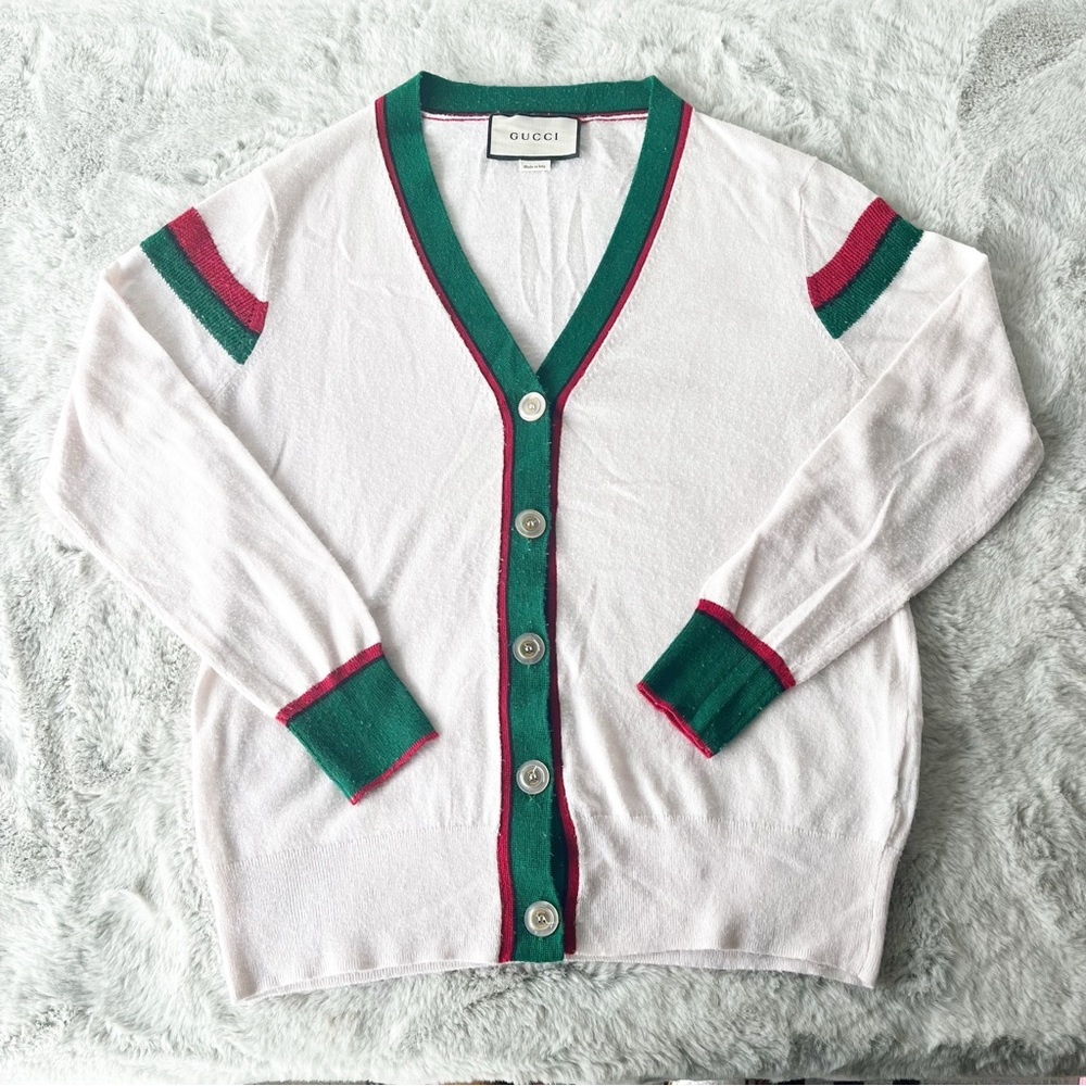 GUCCI White V-Neck Cardigan Sweater with Green and Red Stripes Size Medium